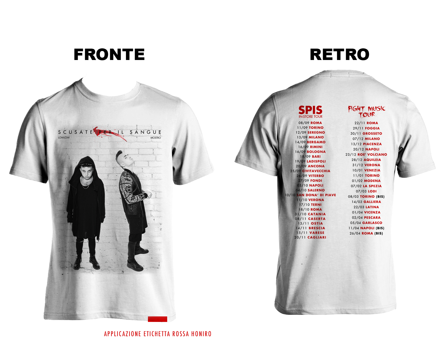 T-shirt tour · fronte e retro con tutte le date